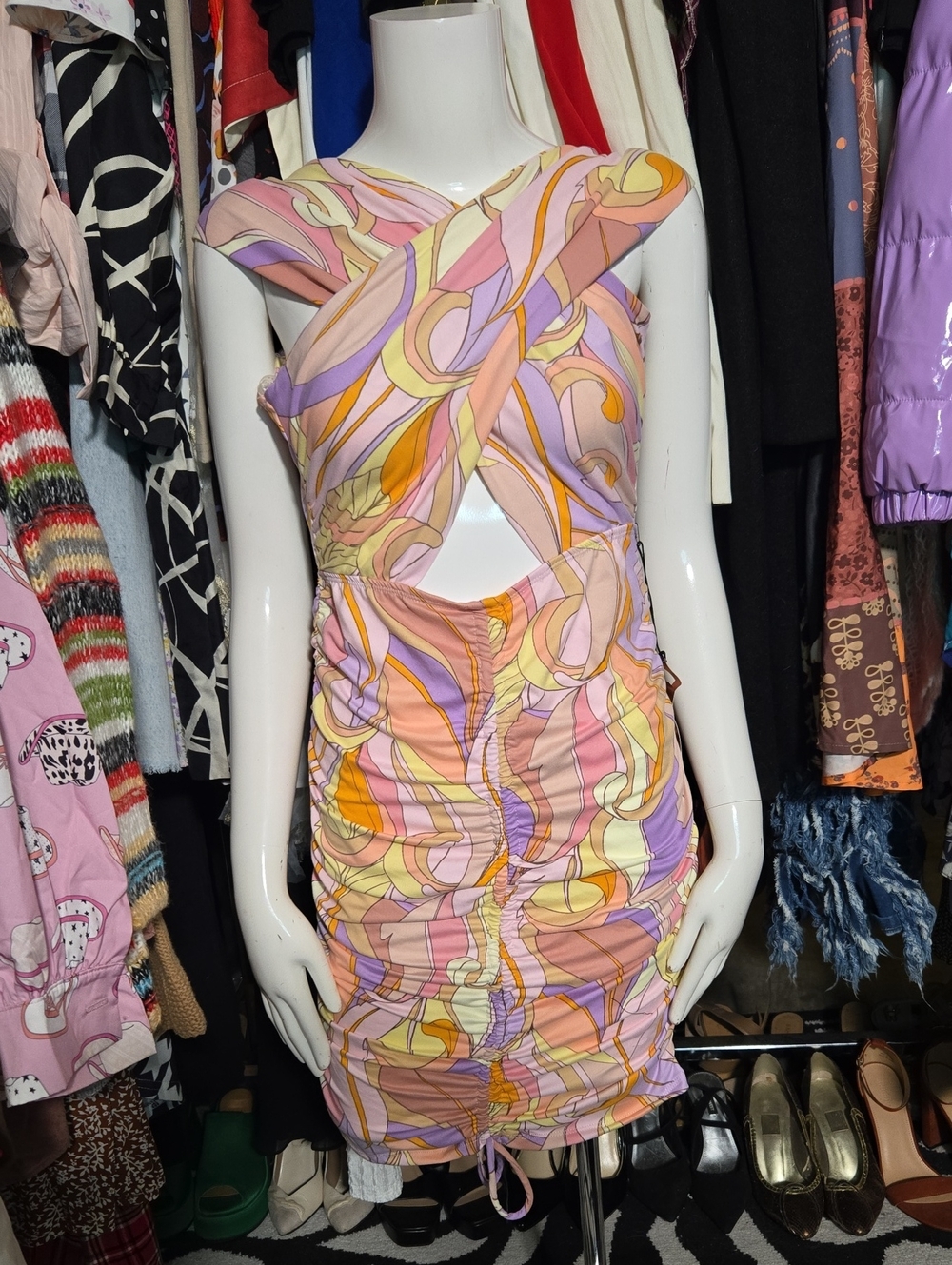 Haute Monde Pink Purple Yellow Swirl Cutout Ruched Mini Dress